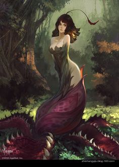 a woman is standing in the middle of a forest with a dragon on her back