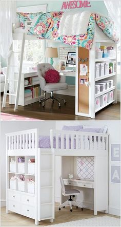 bunk bed with desk underneath it and storage space below the bed for children's toys