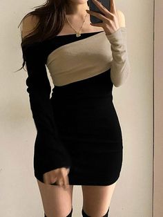 Patchwork Off Shoulder Sweater Dress - AnotherChill Short Sheath Dress, Tight Dress Outfit, Dress Stores Online, Off Shoulder Sweater, Slim Dresses, Kpop Fashion, Elegant Fashion, Look Fashion, Aesthetic Clothes