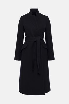 Italian Wool Blend Investment Notch Coat | Karen Millen Chic Long Wool Coat With Self Belt, Chic Belted Wool Coat, Chic Belted Wool Coat For Winter, Formal Winter Outerwear With Self Belt, Wool Coat With Self Belt For Winter Workwear, Winter Workwear Outerwear With Belt Detail, Winter Wool Coat With Self Belt For Work, Elegant Winter Outerwear With Belted Cuffs, Elegant Long Coat With Self Belt