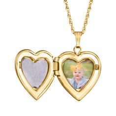 Ross-Simons - Single-Initial - 14kt Yellow Gold Heart Locket Necklace. 20". Make her day with our luxe symbol of love! Crafted in polished 14kt yellow gold, our heart locket necklace is a timeless choice for so many occasions. Fits a 5/16" x 3/8" photo inside. Suspends from a rope chain. FREE engraving of a single initial in your choice of block or script type. Springring clasp, 14kt yellow gold personalized heart locket necklace. Gold Heart Locket Necklace, Gold Heart Locket, Heart Locket Necklace, Script Type, Heart Locket, Love Symbols, Locket Necklace, Gold Heart, Rope Chain