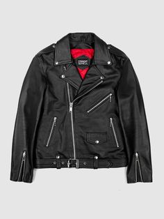 The Commando is Straight to Hell's most traditional and recognizable leather jacket, featuring a removable belt and polished nickel ball pull zippers. The body features quilted lining and the sleeves are non-quilted. Fitted, premium leather relaxes and conforms to your shape and breaks in perfectly. ✨ A removable STH engraved metal church key hangs from inside the pocket. Slim fit. Size up for a relaxed fit, additional room, or layering. Premium full-grain buffalo napa leather is 1 – 2 mm thick. Leather Biker Jacket With Long Sleeves And Ykk Zipper, Edgy Leather Business Outerwear, Leather Outerwear With Ykk Zipper For Streetwear, Luxury Winter Biker Jacket With Belt Loops, Leather Rocker Biker Jacket With Zipper Closure, Rocker Style Leather Biker Jacket For Fall, Leather Rocker Biker Jacket For Fall, Winter Biker Outerwear With Belt Loops, Classic Leather Jacket With Ykk Zipper For Fall