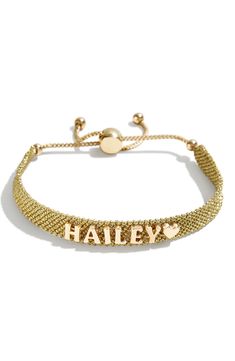 Get custom style and a personalized fit with this adjustable woven bracelet outfitted with shiny letter charms of your choosing. Adjustable slide closure Textile/goldtone plate Imported Personalized Adjustable Metal Name Bracelet, Adjustable Nameplate Bracelets For Friendship, Gold Adjustable Chain Bracelet With Nameplate, Gold Adjustable Casual Friendship Bracelets, Adjustable Gold Casual Friendship Bracelets, Adjustable Nameplate Bracelet For Friendship, Gold Nameplate Bracelet With Adjustable Chain, Casual Gold Adjustable Friendship Bracelets, Trendy Gold Name Bracelet For Friendship