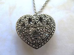 Vintage-925 Silver plated hollow filigree love heart-locket-26 inch necklace-gift See other gift items at my shop at https://www.Merlinscaveshop.com A PERFECT PLACE TO FIND THAT SOMETHING SPECIAL Elegant Heart Pendant Locket Necklace With Filigree, Elegant Filigree Heart Pendant Locket Necklace, Filigree Pendant Jewelry For Keepsake, Elegant Heart Shaped Filigree Locket Necklace, Valentine's Day Anniversary Necklace With Filigree Details, Valentine's Day Anniversary Filigree Necklace, Antique Heart Pendant Metal Jewelry, Heart Pendant Metal Locket Jewelry, Metal Heart Pendant Locket Jewelry