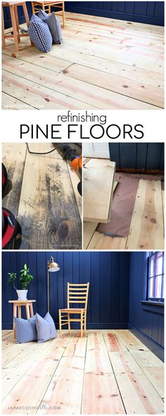 the finished pine floors are being painted in blue and white with text overlay that reads refinishing pine floors