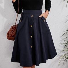 Office Midi Skirt With Buttons, Flared Work Skirt With Button Closure, Flared Workwear Skirt With Button Closure, Blue Knee-length Bottoms With Button Closure, Relaxed Midi Skirt With Buttons, Workwear Flared Skirt With Button Closure, Office Midi Skirt With Button Closure, Knee-length Skirt With Button Closure, Knee-length Office Skirt With Button Closure