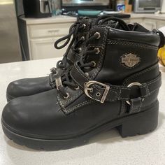 Brand New Boots, Lace Up With A Single Strap. Heel Height: 1.75”, Never Worn, Size 7.5 Black Closed Toe Boots With Heel Loop, Casual Moto Boots With Reinforced Toe, Black Ankle-high Boots With Heel Loop, Harley Davidson Shoes, New Boots, Harley Davidson Women, Moto Boots, Lace Up Boots, Harley Davidson