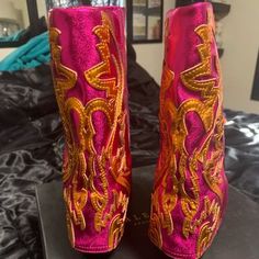 Stylish Cowgirl Boots Metallic Pink & Orange Metallic Cowgirl Boots, Metallic Cowgirl, Dark Brown Suede Boots, Stacked Heel Ankle Boots, Steve Madden Boots Ankle, Brown Suede Boots, Embellished Heels, Chelsea Boots Women, Studded Heels