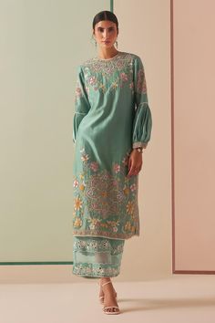 Buy Chandrima Blue Chanderi Applique Embroidered Kurta And Pant Set Online | Aza Fashions Luxury Unstitched Suit With Resham Embroidery, Luxury Chanderi Dress With Intricate Embroidery, Luxury Chanderi Embroidered Dress For Eid, Luxury Chanderi Salwar Kameez With Embroidered Sleeves, Luxury Women's Churidar With Intricate Embroidery, Luxury Blue Pants With Resham Embroidery, Luxury Kurta With Motifs For Eid, Luxury Designer Churidar With Intricate Embroidery, Luxury Jamawar Sets With Resham Embroidery