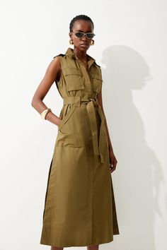 Cotton Sateen Sleeevless Utility Pocket Belted Midi Dress Belted Midi Dress, Khaki Dress, Pocket Belt, Karen Millen, Khaki Green, Green Cotton, Fashion Face, Dress Collection, Click Here