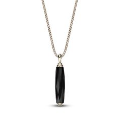 Change up your look with this mesmerizing black onyx necklace. 14K yellow gold-plated sterling silver Faceted natural black onyx 24-inch box chain with lobster clasp Timeless Black Pendant Necklace, Black Sterling Silver Necklace, Onyx Pendant Necklace With Polished Finish, Timeless Black Enamel Necklace, Classic Black Necklace With Cable Chain, Classic Black Box Chain Necklace, Black Sterling Silver Timeless Necklace, Formal Onyx Necklace With Black Enamel, Formal Onyx Necklace With Polished Finish