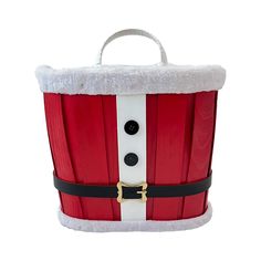 a red and white christmas basket with santa claus's hat on the top, attached to it