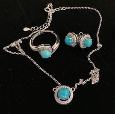 Add a touch of elegance, colour and sparkle to any outfit with this classic yet vibrant natural turquoise jewellery set. The 6mm blue turquoise cabochon-cut stones are beautifully contrasted with sparkling cubic zirconia and solid sterling silver plated with 14k white gold.  Sterling (.925) silver is a durable, versatile precious metal that when taken care of, can retain its brilliant, white shine and last a lifetime. How to care for your jewellery: Make sure these pieces are the last thing you put on and the first thing you take off. Always put your jewellery on after you apply any make-up, hair products or perfume to keep it looking its best for years to come. Red Agate Necklace, Purple Stone Necklace, Turquoise Jewelry Set, Long Stone Necklace, Sterling Silver Turquoise Earrings, Turquoise Jewellery, Semi Precious Stone Bracelet, Crystal Stone Jewelry, Clear Quartz Necklace