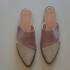 Shoes Are Pink And Grey And Are Brand New In Box Pink Leather Slip-on Mules, Pink Synthetic Mules With Flat Heel, Pink Flat Heel Synthetic Mules, Pink Synthetic Flat Heel Mules, Chic Pink Flat Mules, Elegant Pink Synthetic Mules, Pink Leather Flat Mules, Pink Leather Pointed Toe Mules, Pink Flat Leather Mules