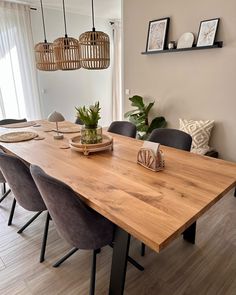 a dining room table with chairs and a potted plant