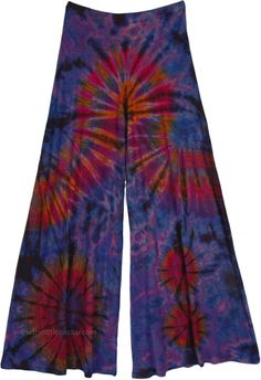 A smart pair of tall disco wide-leg pants, perfect to get your groove on! These wide-leg palazzo pants are very fashionable, with their purple backdrop and multicolour tie-dye pattern they surely stand out. The stretchy waist is made from rayon soft fabric which gives you a flattering silhouette, a bit of spandex to give a tinge of elasticity, and features wide legs for a flowing, lean line, no matter what your body type. #tlb #SplitSkirtsPants #Tall #bohemianfashion #FullTiedyePalazzopants #Tal Granola Clothes, Jean Painting, Wide Leg Soft Pants, Hippie Fits, Purple Backdrop, Boho Whimsical, Dye Pants, Moda Hippie, Asymmetrical Hem Top