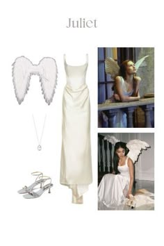 a white dress with angel wings on the side and shoes for women to wear in front