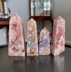 "Gorgeous selection of pink amethyst flower agate towers. Druzy elements and some blue banding as well. Natural, imported stone materials from Madagascar. Measurements below: Tower A Height: 4.5 in. Weight: 0.53 lbs (241 grams) Tower B Height: 4 in. Weight: 104 grams Tower C Height: 3 in. Weight: 124 grams Tower D Height: 4.1 in. Weight: 119 grams \"Pink amethyst flower agate emits calmness, trust and grace. This stone assists with moving one towards emotional balance and overall peace. It increases intuition and clarity, and helps to lift troubled thoughts, feelings and energies that may be weighing you down.\" B" Pink Spiritual Gemstone Crystals, Pink Healing Gemstone Crystals, Pink Natural Stones Crystals For Healing, Spiritual Pink Crystals Gemstone, Altar Crystals, Crystal Facts, Origami Tutorials, Random Products, Crystal Altar