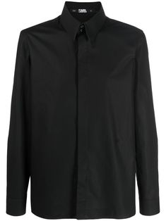 collared poplin shirt from KARL LAGERFELD featuring black, cotton, classic collar, long sleeves, front button fastening and buttoned cuffs. | Karl Lagerfeld Paris Collared Poplin Shirt Karl Lagerfeld Paris, Poplin Shirt, Karl Lagerfeld, Black Cotton, Black Shirt, Fashion Branding, Button Up, Long Sleeve Blouse, Mens Shirts