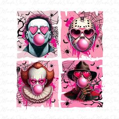 four different images of clowns with hearts in their eyes and one wearing a mask