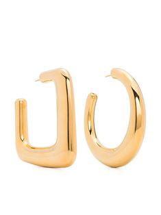 gold-tone large hoop design square and circle shaped post-back fastening polished finish for pierced ears These earrings intentionally do not match. Teen Outfits, Hoop Design, Versace Outfit, Hoop Earrings Gold, Design Square, Iconic Bags, Demi Fine Jewelry, Fine Watches, Dolce E Gabbana