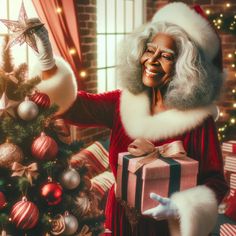 an old woman dressed as santa clause holding a christmas present in front of a decorated christmas tree