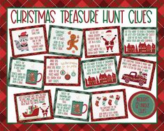 christmas treasures hunt clues with pictures of santa's stockings and other holiday related items