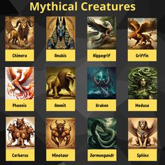 an image of mythical creatures in different colors and sizes, with the names below them