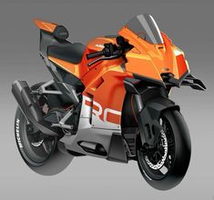 an orange motorcycle is shown on a gray background