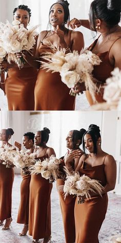 the bridesmaids are dressed in brown dresses and holding their bouquets with feathers