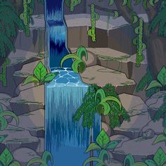 a drawing of a waterfall in the middle of some trees and rocks with plants growing out of it