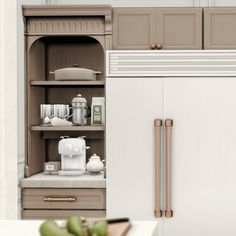 an open cabinet in the middle of a kitchen with various items on it's shelves