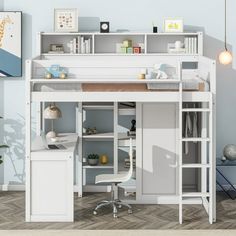 a white loft bed with desk and shelves on the bottom floor in a blue room