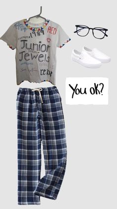 a shirt and pants with glasses on the top are next to a t - shirt that says junior jewels, you ok?