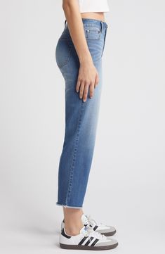 Keep it casual and cool in these faded mid-rise jeans styled with cropped, straight legs and fraying hems. 26" inseam; 15" leg opening; 9 1/2" front rise; 14 1/2" back rise Zip fly with button closure Five-pocket style 56% cotton, 24% rayon, 19% polyester, 1% spandex Machine wash, tumble dry Imported Medium Wash Straight Cropped Jeans With Frayed Hem, Denim Blue Straight Flare Jeans With Frayed Hem, Straight Cropped Jeans With Frayed Hem In Medium Wash, Mid-rise Flare Jeans With Frayed Hem, Washed Blue Straight Leg Jeans With Frayed Hem, Relaxed Fit Denim Blue Jeans With Frayed Hem, Dark Wash Straight Leg Jeans With Frayed Hem, Light Wash Cropped Jeans With Straight Hem For Spring, Spring Denim Blue Straight Cropped Jeans