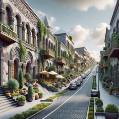 an artist's rendering of a city street with cars parked on both sides and plants growing on the buildings