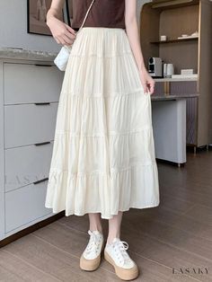 Lasaky - Flowy Wrap-Around Midi Dress with Ruffled Hem Casual Long Dress With Ruffle Hem, Flowy Ruffled Midi Length Skirt, Beige Flowy Tiered Skirt Dress, Casual Maxi Dress With Ruffled Skirt For Brunch, Long Ruffled Dress For Brunch, Beige Flowy Tiered Dress, Beige Tiered Flowy Dress, Beige Tiered Dress With Flowy Skirt, Beige Pleated Dress With Flowy Skirt