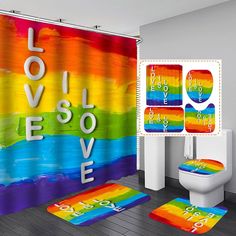 a bathroom with colorful shower curtains and rugs on the floor next to a toilet