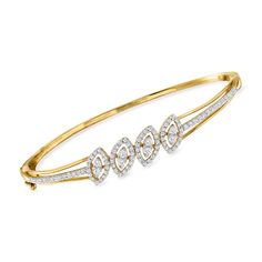 Ross-Simons - 1.00ct t. w. Diamond Marquise-Shaped Cluster Bangle Bracelet Over Sterling. 7". Your stack needs more sparkle - always. Indulge in this shimmering bangle to brighten things up! Features 1.00 ct. t. w. diamonds glimmering in a marquise-shaped clusters across the 18kt yellow gold over sterling silver bracelet. Hinged with a figure 8 safety. Box clasp, diamond marquise cluster bangle bracelet. Diamond birthstones are the perfect gift for April birthdays. Safety Box, Bracelet Diamond, Diamond Birthstone, Figure 8, Box Clasp, Fine Jewelry Bracelets, Diamond Bangle, Diamond Bracelets, Sterling Silver Bracelet