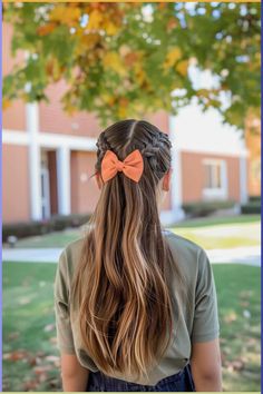 Save this pin for the sweetest back-to-school hair inspiration! Looking for a cute and easy style for your girl's first day? Tap to see the braided half-up style with a bow for long hair and make her feel extra special! First Day Of Hairstyles, Cute Ways To Style Your Hair For School, 1 Day Of School Hairstyles, Best Picture Day Hairstyles, Long Hair Styles School, Elementary School Hairstyles, Preppy School Hairstyles, Half Up Girls Hairstyles, Fun Girl Hairstyles