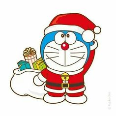 an image of a cartoon character holding a christmas present in one hand and wearing a santa hat on the other