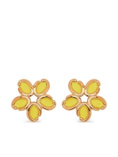 gold-tone/yellow brass floral motif enamel detail post-back fastening for pierced ears These earrings come as a pair. Gold Enamel Clip-on Earrings, Yellow Gold Enamel Earrings For Pierced Ears, Yellow Enamel Flower Shaped Jewelry, Gold Enamel Flower Earrings, Yellow Gold Clip-on Enamel Earrings, Yellow Gold Enamel Clip-on Earrings, Yellow Flower-shaped Enamel Jewelry, Formal Yellow Flower-shaped Earrings, Yellow Enamel Earrings