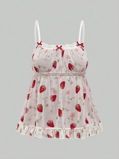 Women Strawberry Print Contrast Lace Vacation Style Spring/Summer Camisole Top, School Red Casual   Mesh Fabric Fruit&Vegetable,All Over Print Cami Medium Stretch  Women Clothing, size features are:Bust: ,Length: ,Sleeve Length: Tank Top Brandy Melville, Red Boho, Lace Splicing, Strawberry Print, Bridesmaid Outfit, Style Spring, Vacation Style, Tank Top Cami, Look Chic