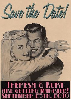 an old movie poster for save the date with a man and woman hugging each other