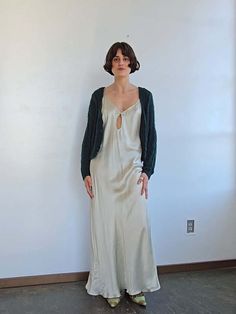 Pale green maxi slip dress. bias cut with adjustable straps. low cut bacl and a frog button detail at the chest.    measurements (in inches)    42 in bust    36 in waist    50 in hips    ~56 in length    materials    silk White Slip Dress Vintage, Slip Dress Vintage, Vintage Slip Dress, White Slip Dress, Vintage Slips, Green Maxi, A Frog, Maxi Slip Dress, White Slip