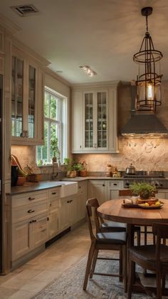 a kitchen filled with lots of counter space and wooden table next to a stove top oven