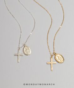 "Pretty duo CROSS and Virgin MARY necklace ♡ Gentle and sparkly, great for layering or as a cute gift for your loved one :) MATERIALS * Comes in Gold Filled and Sterling Silver. * Delicate high quality chain, jump rings and clasp. * Dainty cross charm 16mm in length, virgin Mary charm 15mm in length. LENGTH * Comes in one size 16\"+ 2\"= 18\" in total. * You can measure your neck for your perfect length, the standard length is 18\". PACKAGING & GIFTS We will package your order in a beautiful Nickel Free Double Strand Necklace For Gift, Dainty Charm Necklaces With Miraculous Medal For Gifts, Dainty Charm Necklaces With Miraculous Medal As Gift, Dainty Miraculous Medal Charm Necklaces As Gifts, Dainty Miraculous Medal Charm Necklace As Gift, Dainty Silver Necklace With Miraculous Medal, Dainty Double Strand Charm Necklaces As Gift, Dainty Double Strand Charm Necklace For Gift, Dainty Double Strand Charm Necklace