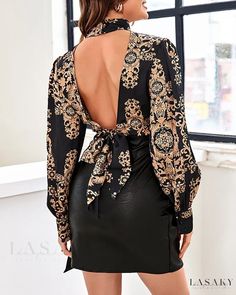 Lasaky - Delicately Designed Baroque Print Puff Lantern Sleeve Backless Top Elegant Floral Print Party Tops, Elegant Fitted Baroque Print Tops, Elegant Backless Blouse For Parties, Chic Floral Print Party Blouse, Elegant Baroque Print Tops For Spring, Elegant Backless Blouse For Night Out, Casual Blouse Women, Blouse Size Chart, Baroque Print