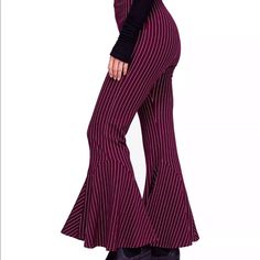 Really Cute Pair Of Flared/Bellbottom Dress Pants From Free People. Size 4 Spring Non-stretch Flared Hem Pants, Fitted Cotton Bottoms With Flared Hem, Spring Flared Hem Bottoms For Night Out, Retro Spring Bottoms For Night Out, Retro Bottoms For Spring Night Out, Retro Bottoms For Night Out In Spring, Stretch Burgundy Bottoms For Party, Trendy Burgundy Party Bottoms, Chic Striped Fitted Bottoms