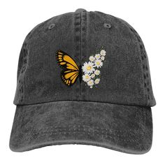 a gray hat with a yellow butterfly and daisies on it